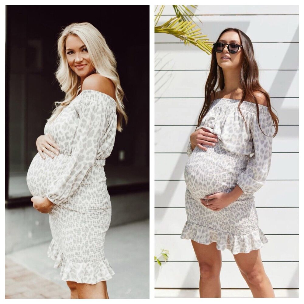 BAE the Label Maternity Gray Leopard Print Off Shoulder Ruched Dress Small